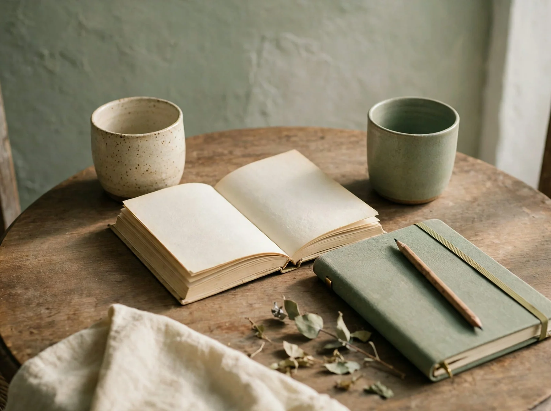 Кухонный стол с книгой, блокнотом и двумя чашками для разговора