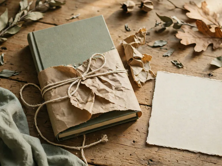 Книга, наполовину завёрнутая в крафтовую бумагу, рядом с бечёвкой