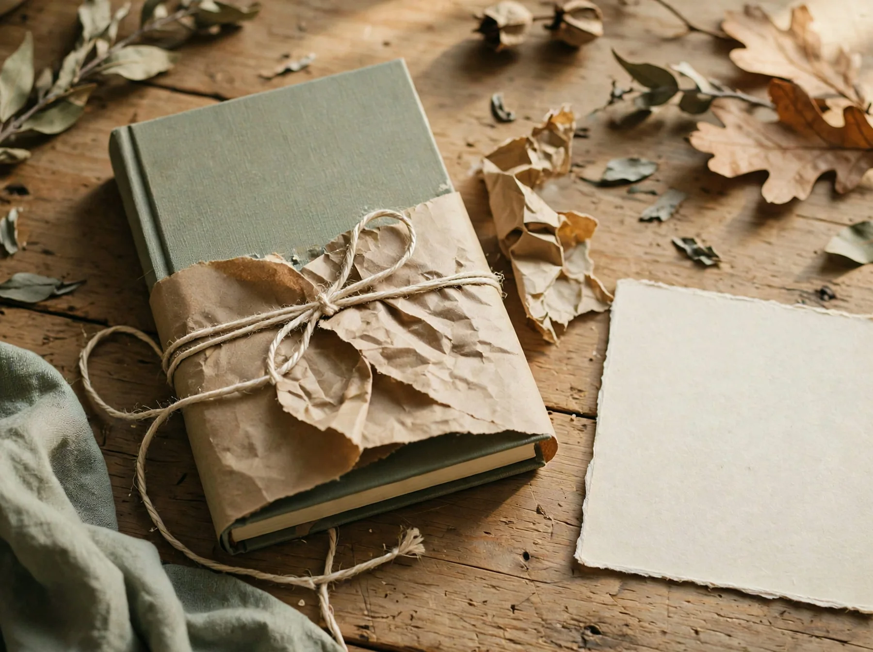 Книга, наполовину завёрнутая в крафтовую бумагу, рядом с бечёвкой