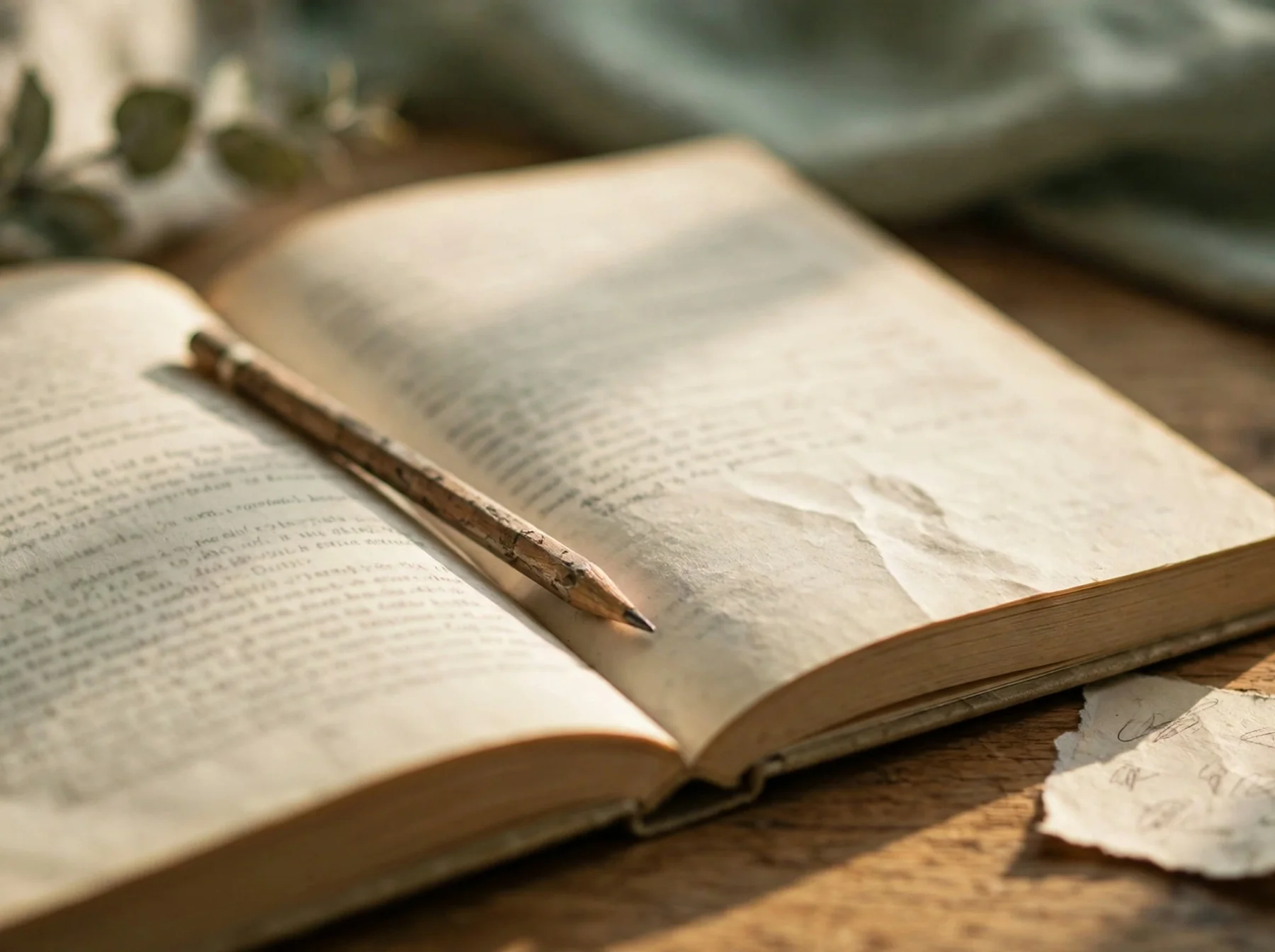 Карандаш и листок для заметок на раскрытой книге
