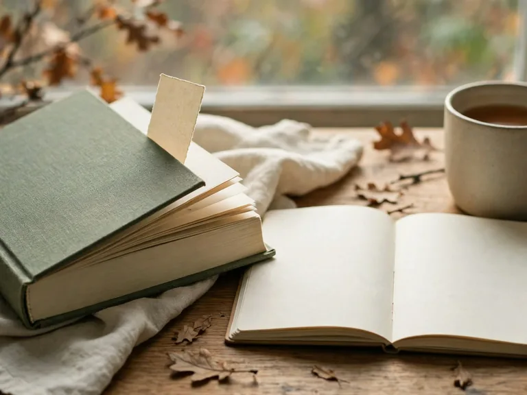 Книга с закладкой посередине рядом с блокнотом и чашкой